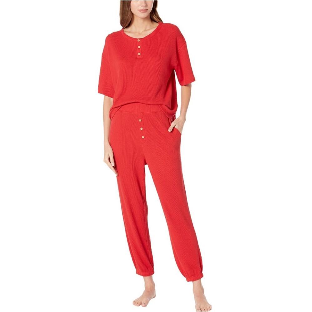 Eberjey Women's Haute Red Cozy Waffle Henley Top & Pajama Set Size M